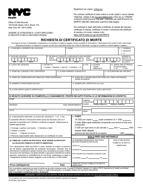 Form VR66 Death Certificate Application - New York City (Italian)