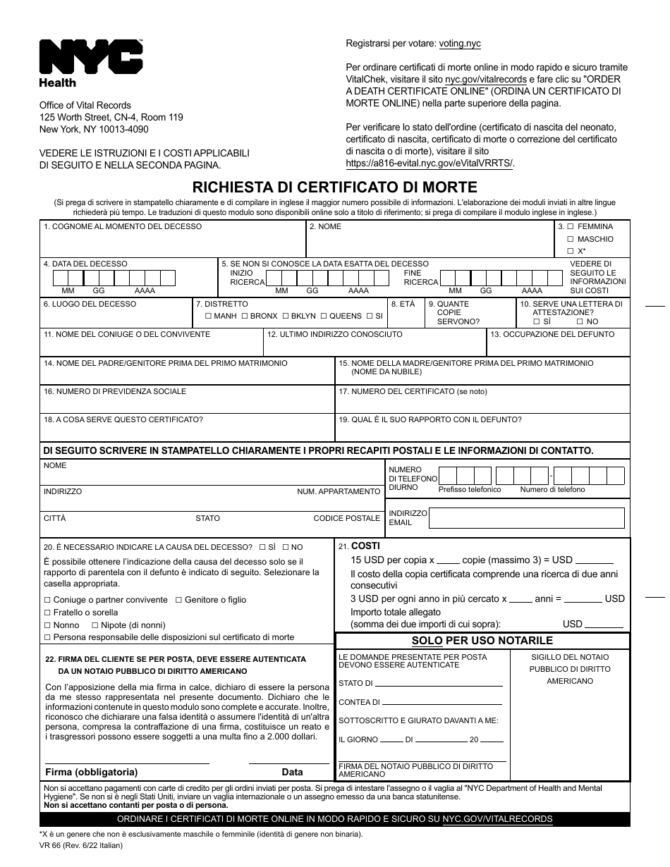 Form VR66 Death Certificate Application - New York City (Italian), Page 1
