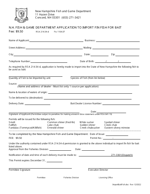 Application to Import Fin Fish for Bait - New Hampshire