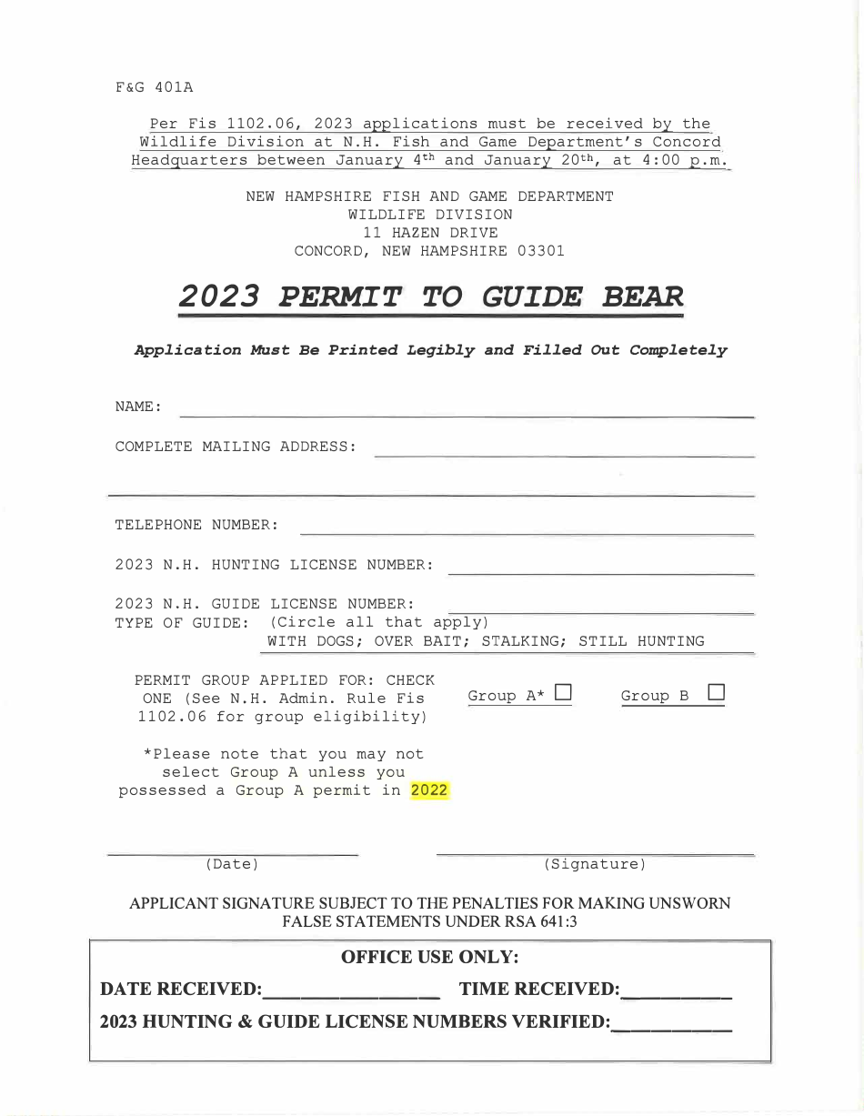 Form FG401A Permit to Guide Bear - New Hampshire, Page 1