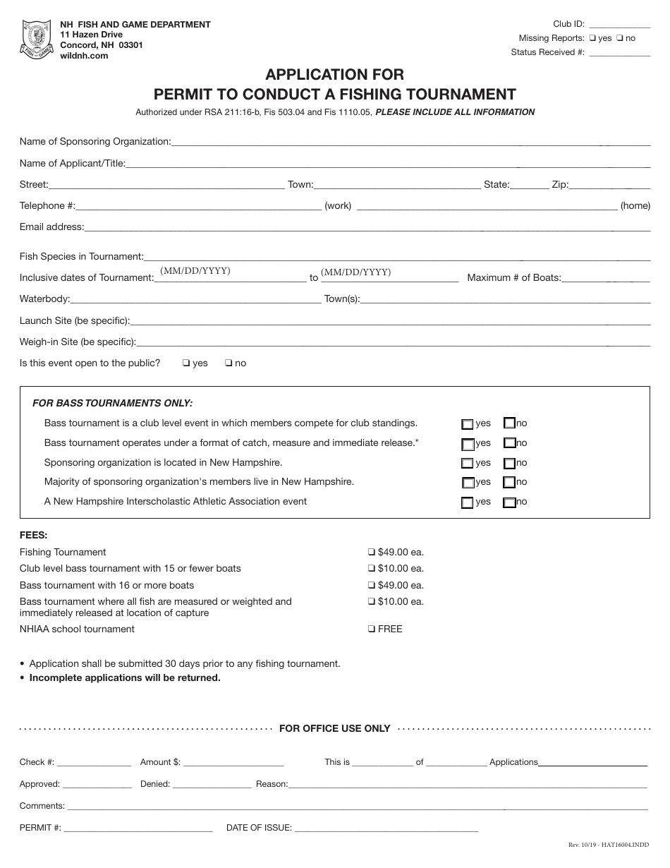 Form HAT16004 Application for Permit to Conduct a Fishing Tournament - New Hampshire, Page 1