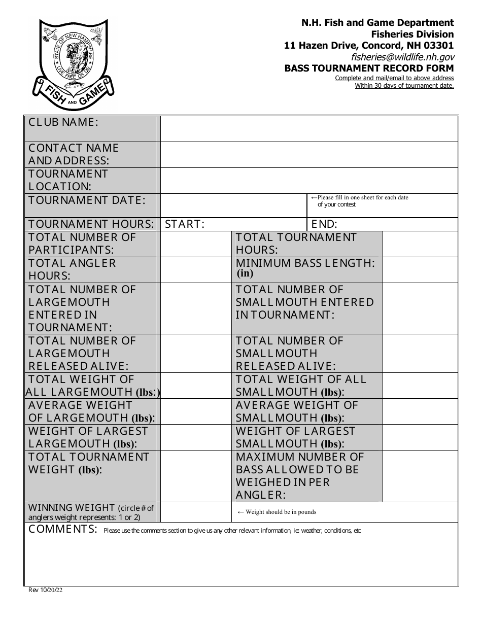 New Hampshire Bass Tournament Record Form Fill Out, Sign Online and