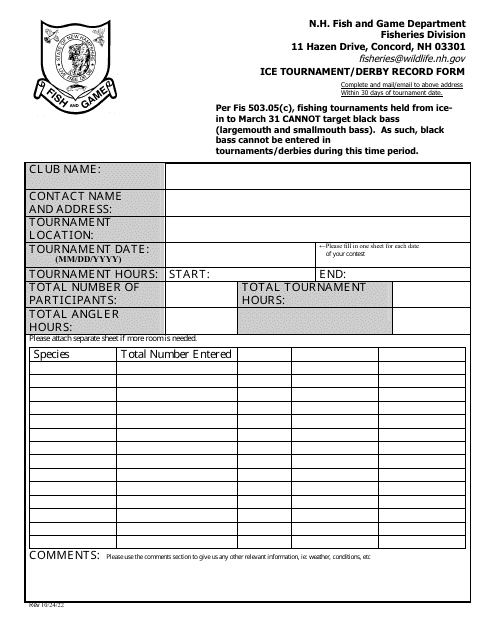 ICE Tournament / Derby Record Form - New Hampshire Download Pdf