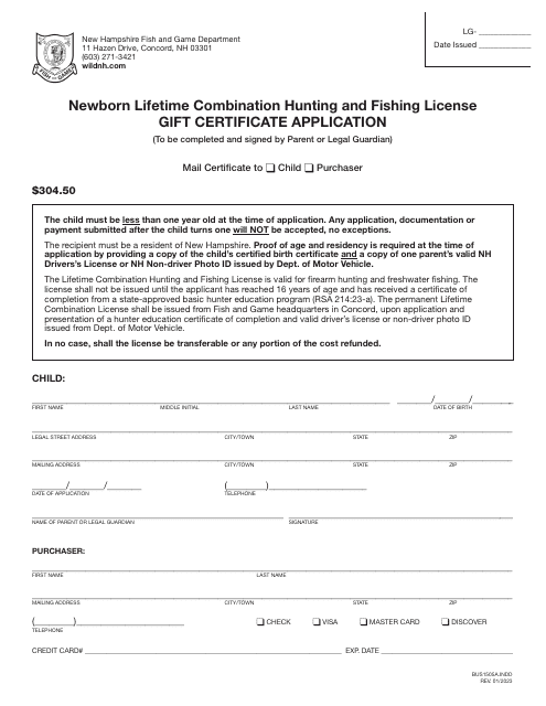 Form BUS1505A Newborn Lifetime Combination Hunting and Fishing License Gift Certificate Application - New Hampshire