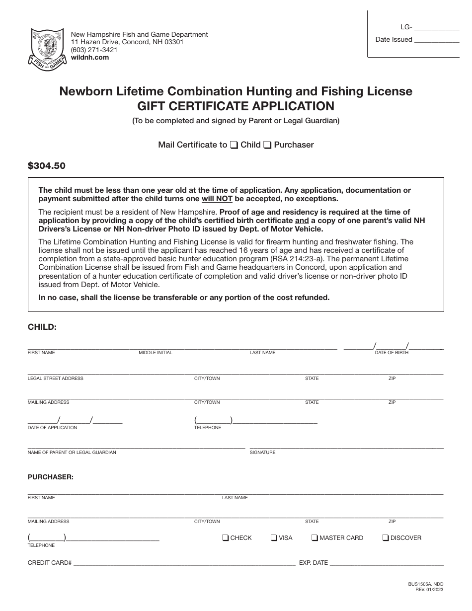Form BUS1505A Newborn Lifetime Combination Hunting and Fishing License Gift Certificate Application - New Hampshire, Page 1