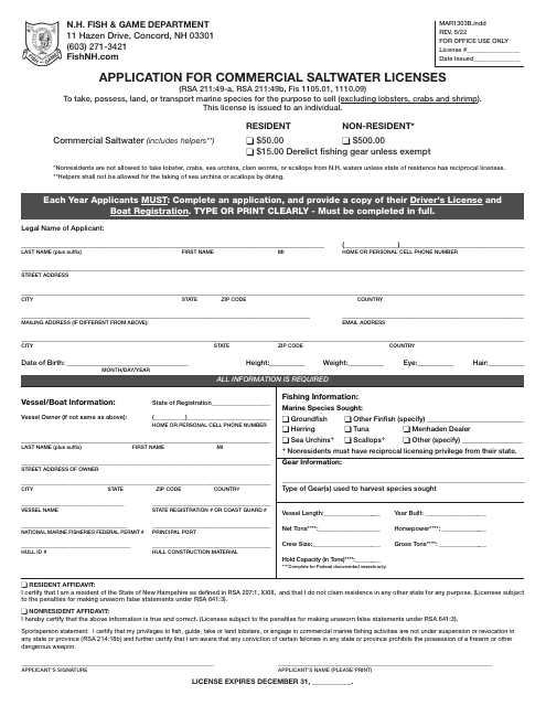 Form MAR1303B Application for Commercial Saltwater Licenses - New Hampshire