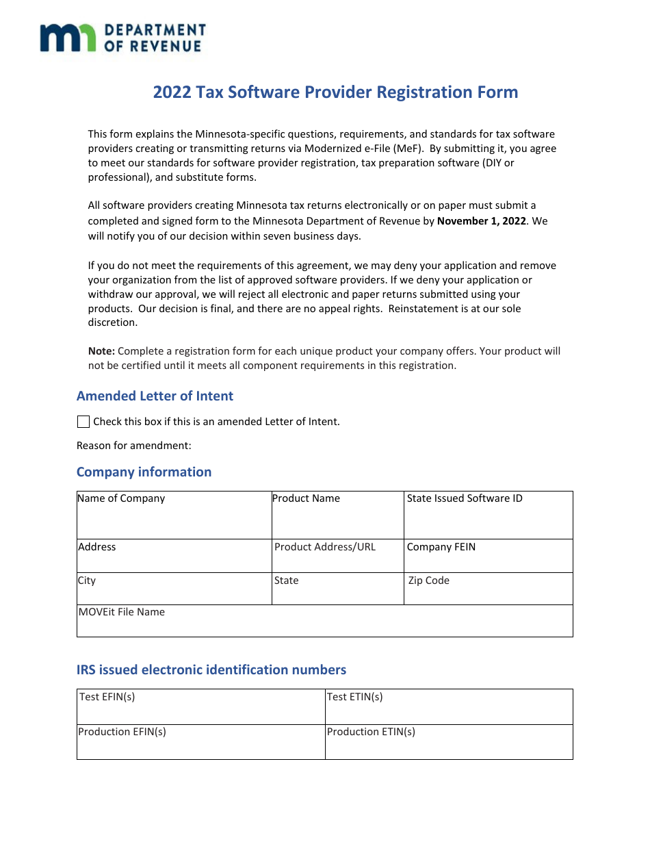 Tax Software Provider Registration Form - Minnesota, Page 1