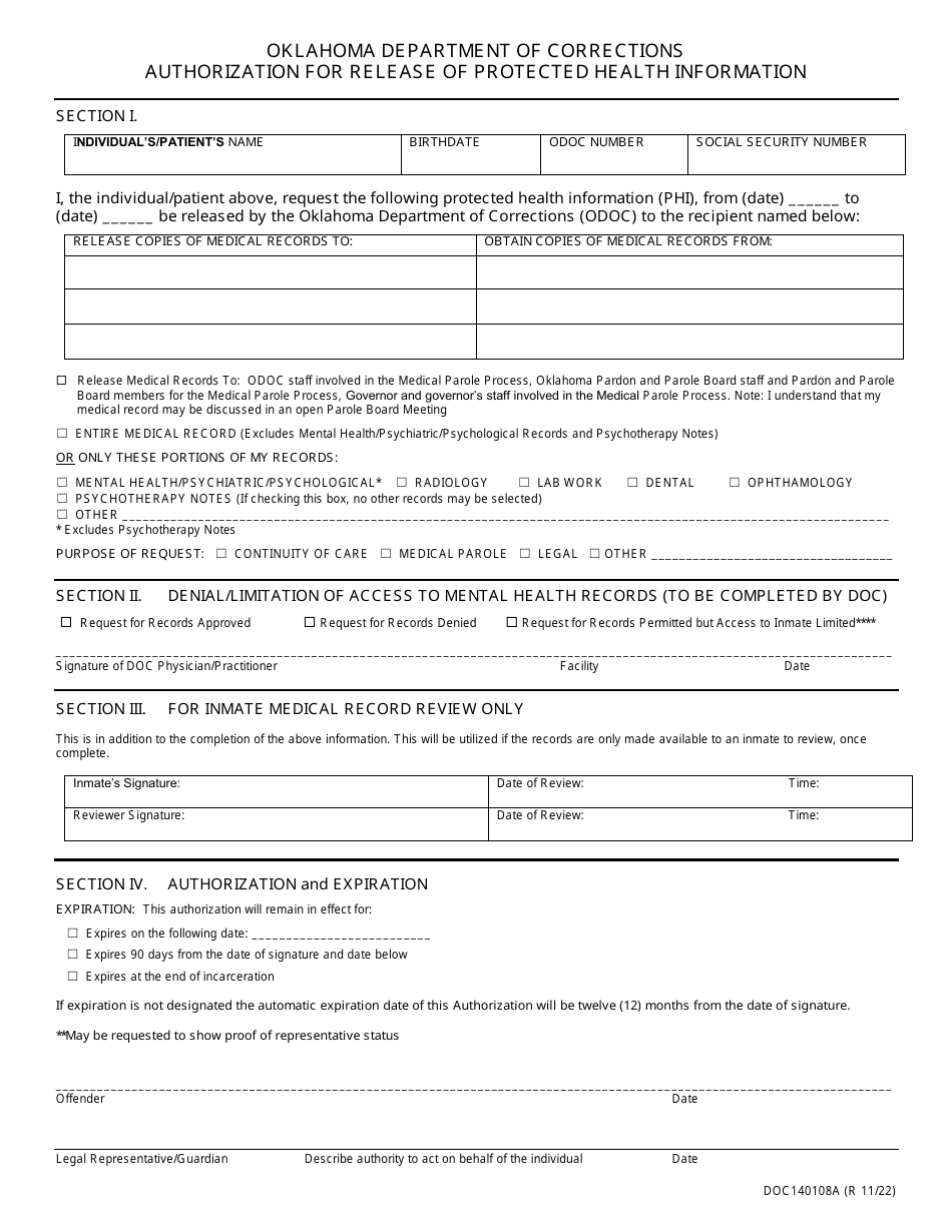 Form OP140108A Authorization for Release of Protected Health Information - Oklahoma, Page 1