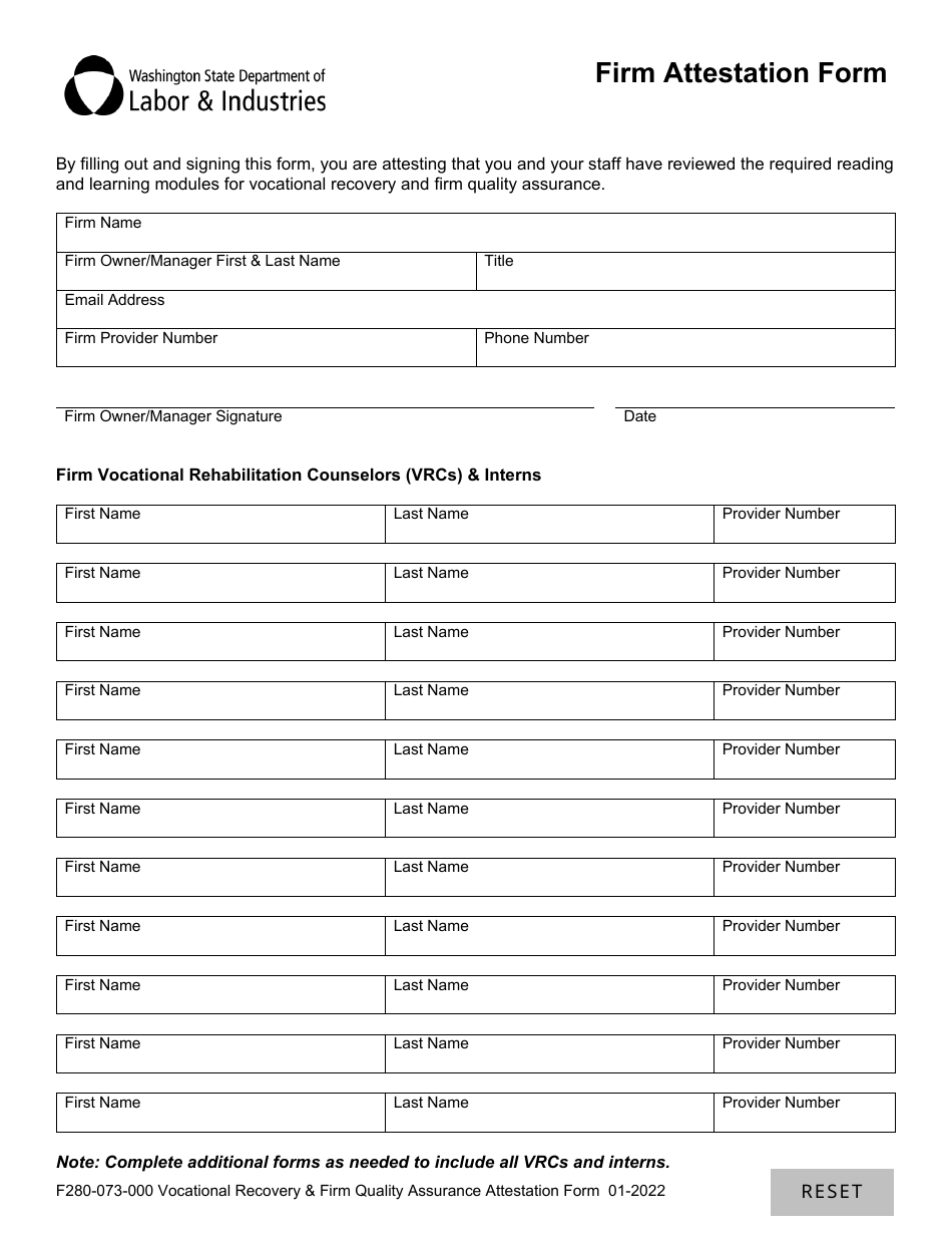 Form F280-073-000 Vocational Recovery  Firm Quality Assurance Attestation Form - Washington, Page 2