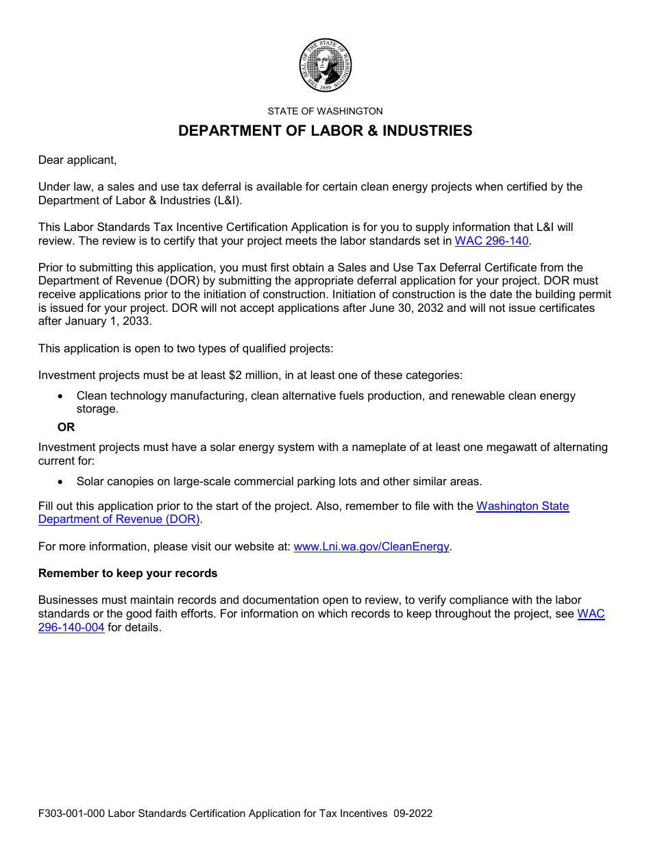 Form F303-001-000 Labor Standards Tax Incentive Certification Application - Washington, Page 1
