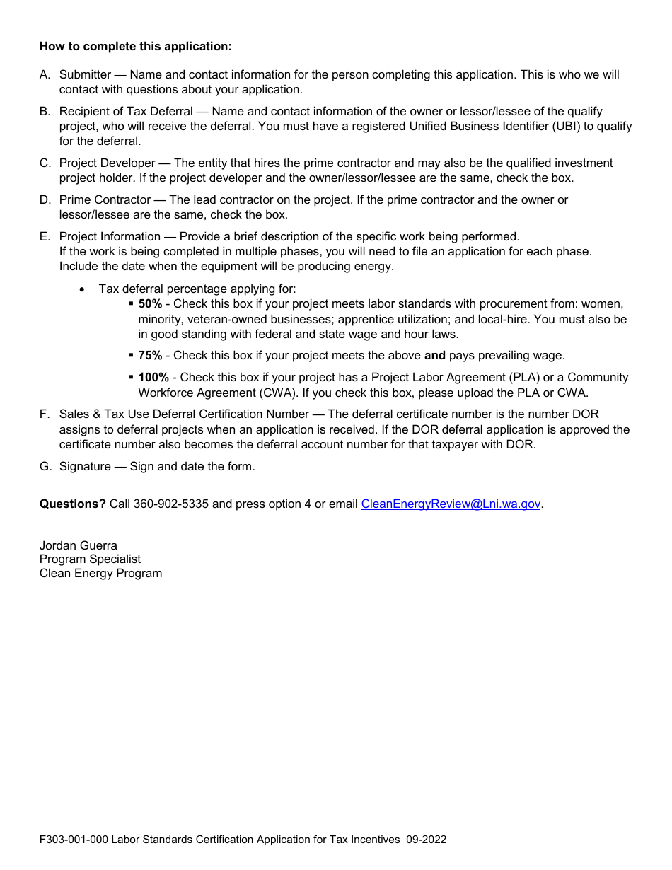 Form F303-001-000 Labor Standards Tax Incentive Certification Application - Washington, Page 2