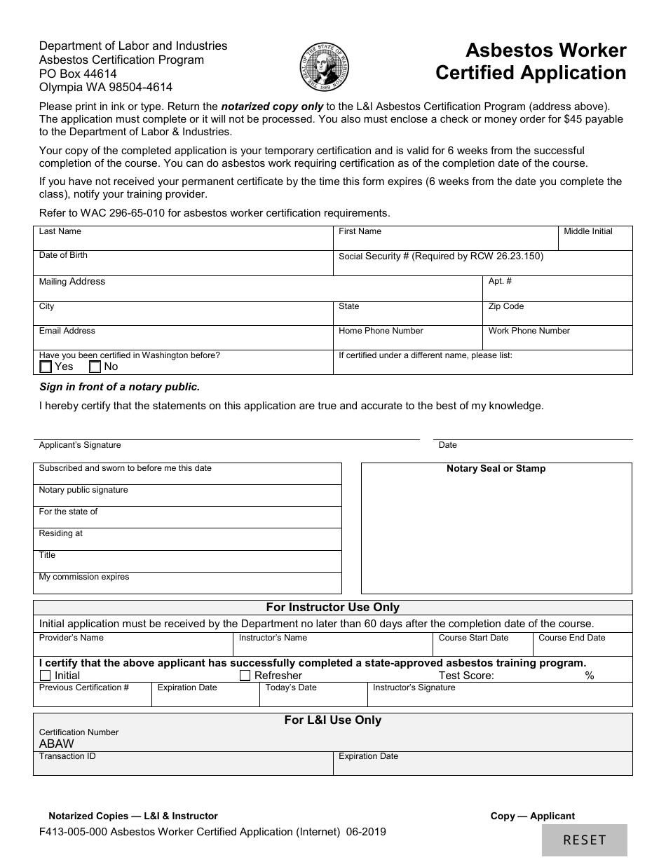 Form F413-005-000 Asbestos Worker Certified Application (Internet) - Washington, Page 1