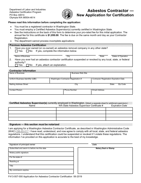 Form F413-007-000 Asbestos Contractor - New Application for Certification - Washington