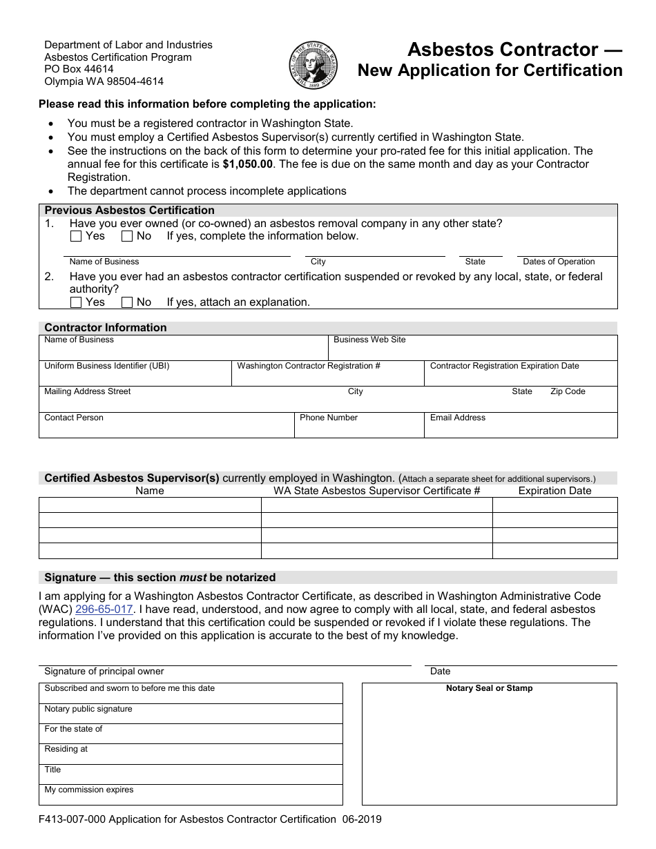 Form F413-007-000 Asbestos Contractor - New Application for Certification - Washington, Page 1
