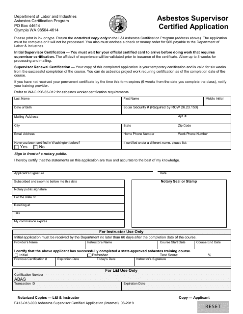 Form F413-013-000 Asbestos Supervisor Certified Application - Washington