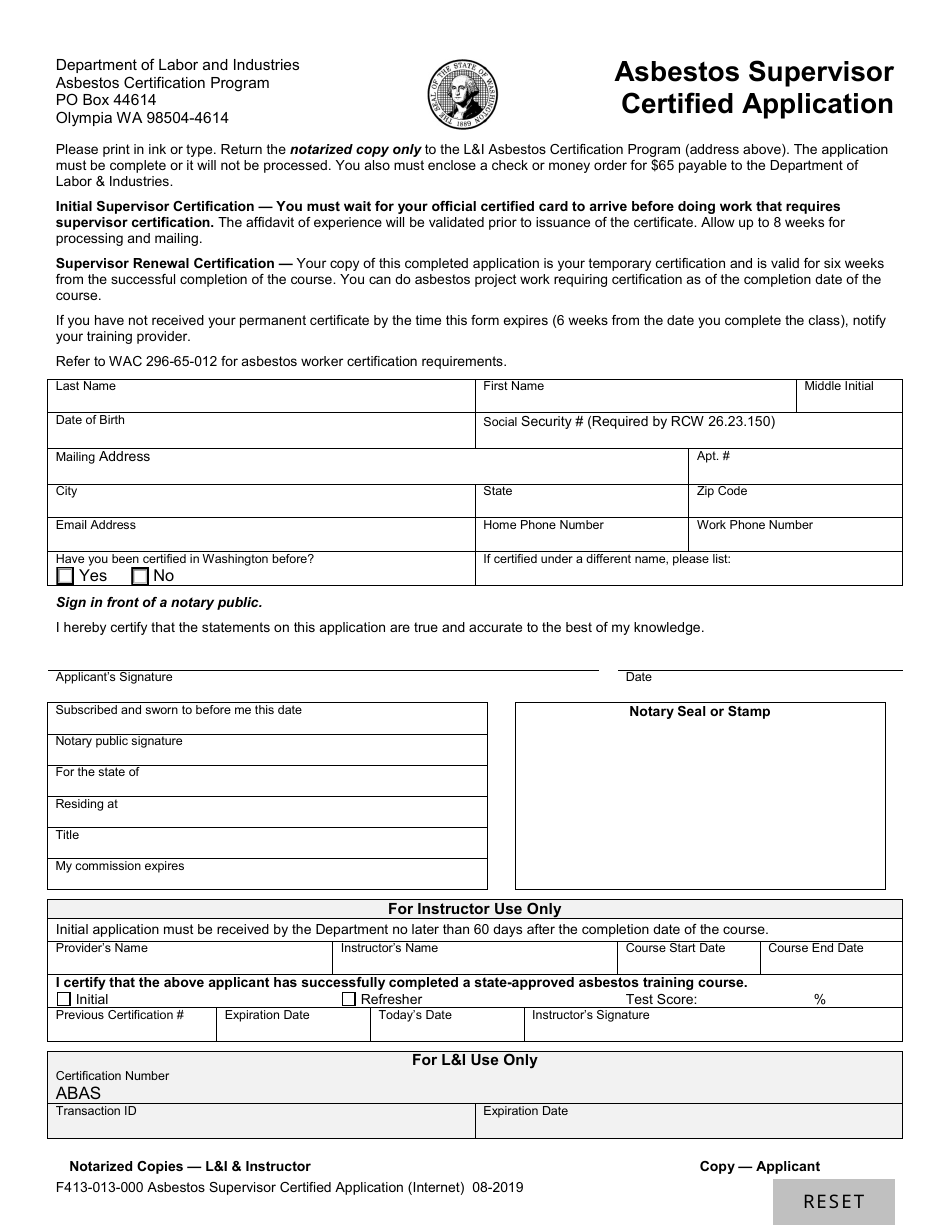 Form F413-013-000 Asbestos Supervisor Certified Application - Washington, Page 1