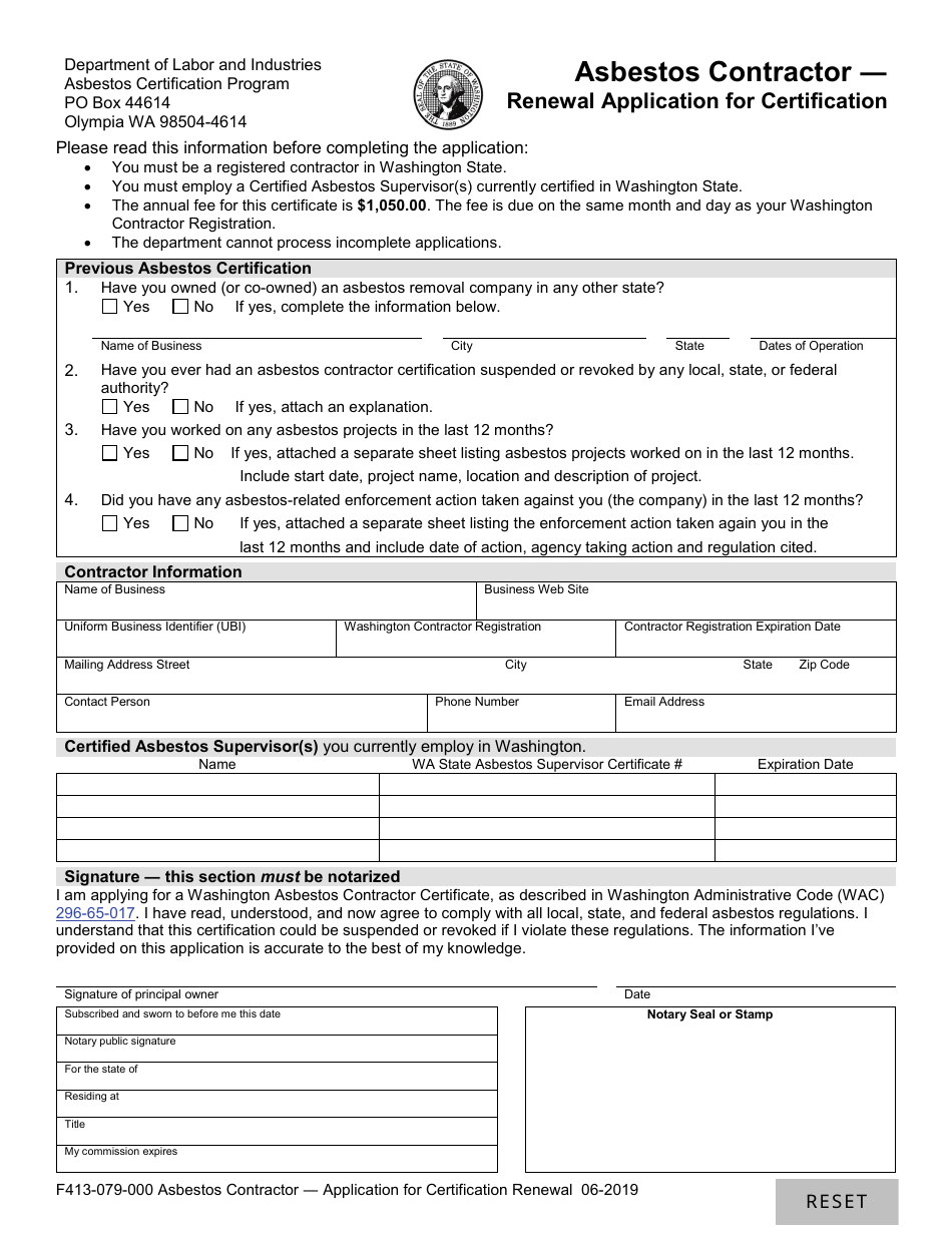 Form F413-079-000 Asbestos Contractor - Renewal Application for Certification - Washington, Page 1
