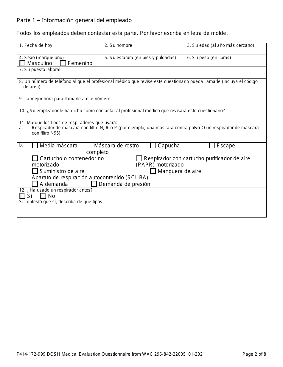 Formulario F414-172-999 Evaluacion Medica De Dosh Cuestionario De Wac 296-842-22005 - Washington (Spanish), Page 2