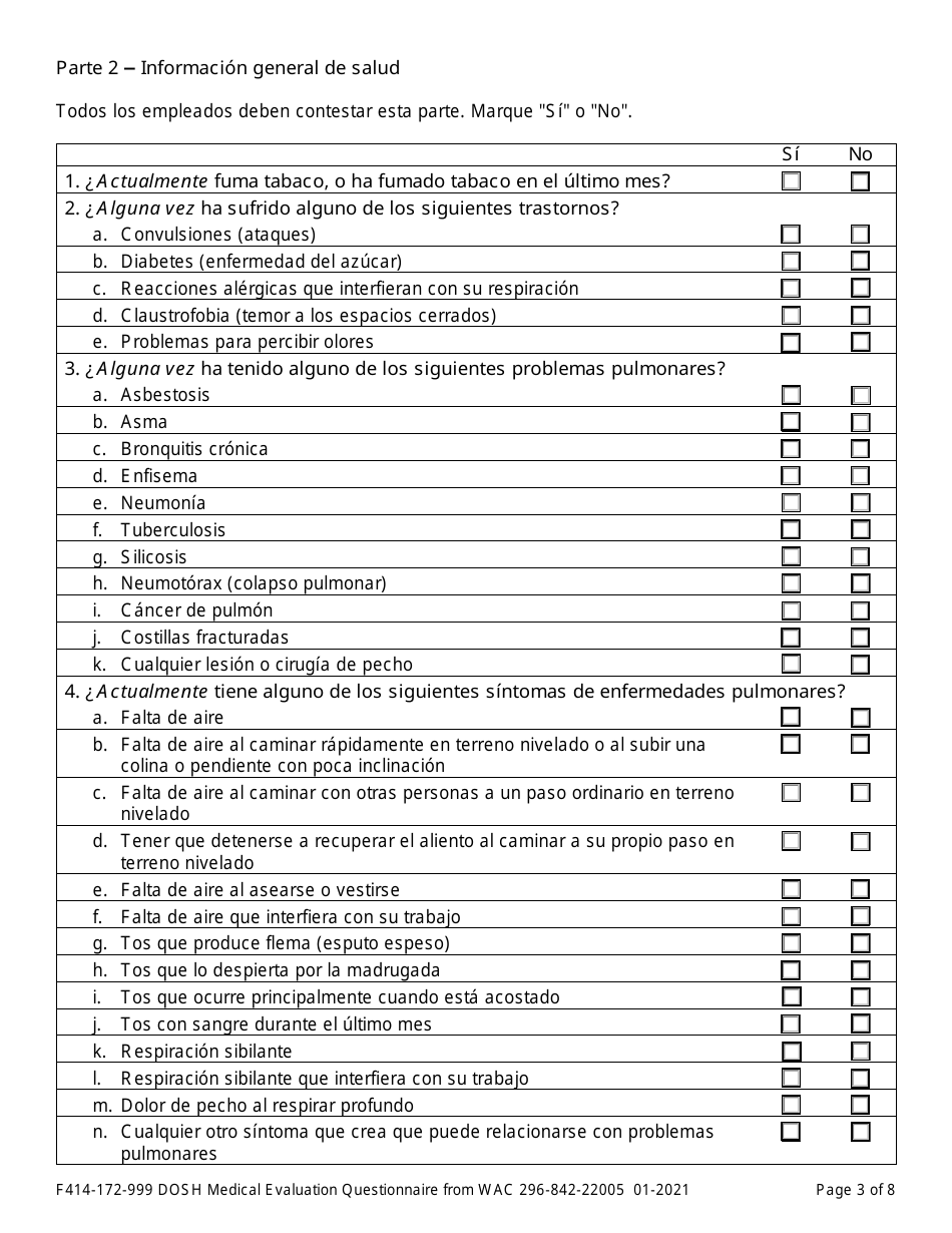 Formulario F414-172-999 Evaluacion Medica De Dosh Cuestionario De Wac 296-842-22005 - Washington (Spanish), Page 3