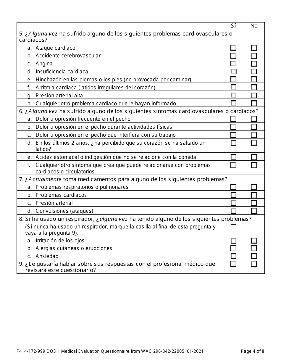 Formulario F414-172-999 Evaluacion Medica De Dosh Cuestionario De Wac 296-842-22005 - Washington (Spanish), Page 4