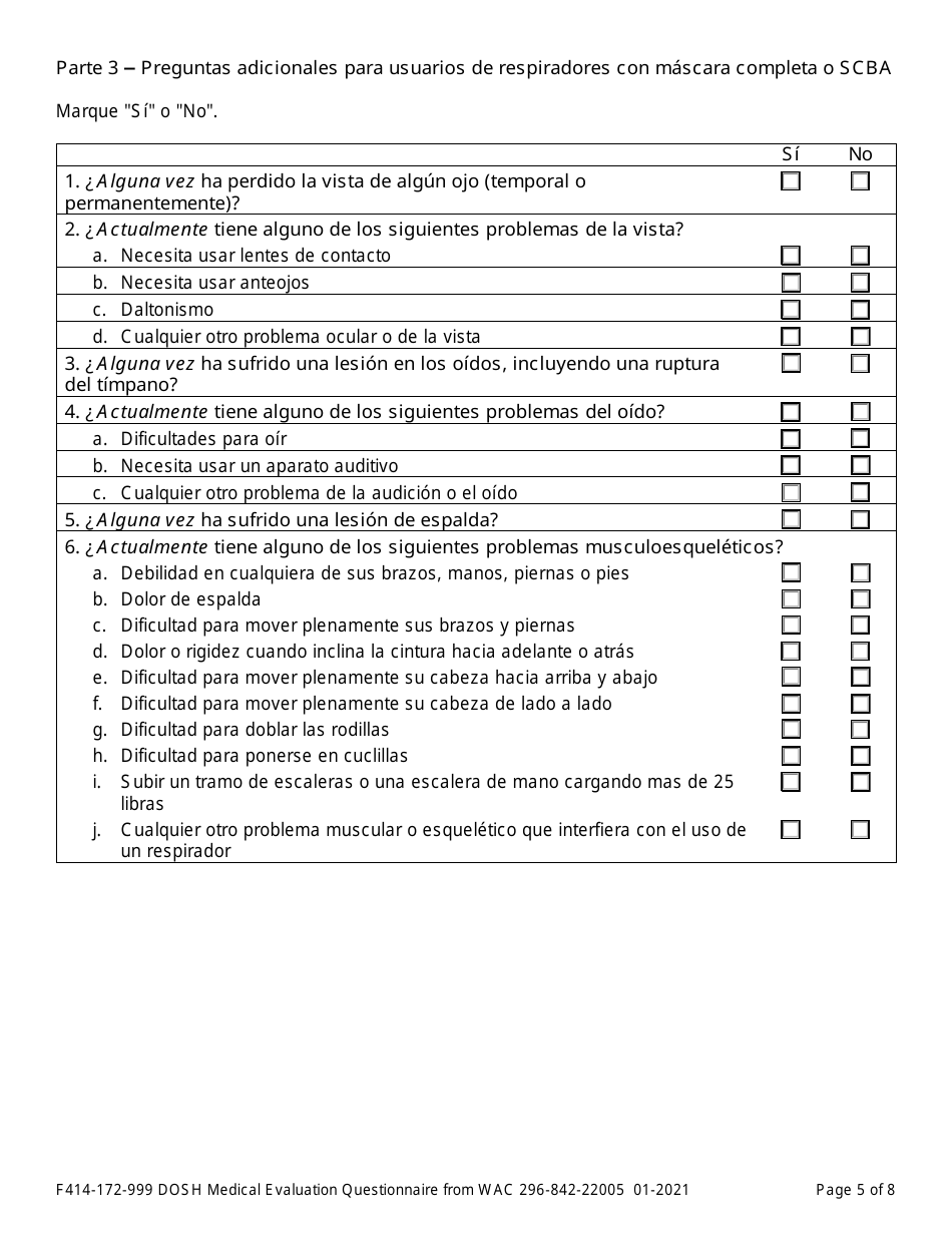 Formulario F414-172-999 Evaluacion Medica De Dosh Cuestionario De Wac 296-842-22005 - Washington (Spanish), Page 5