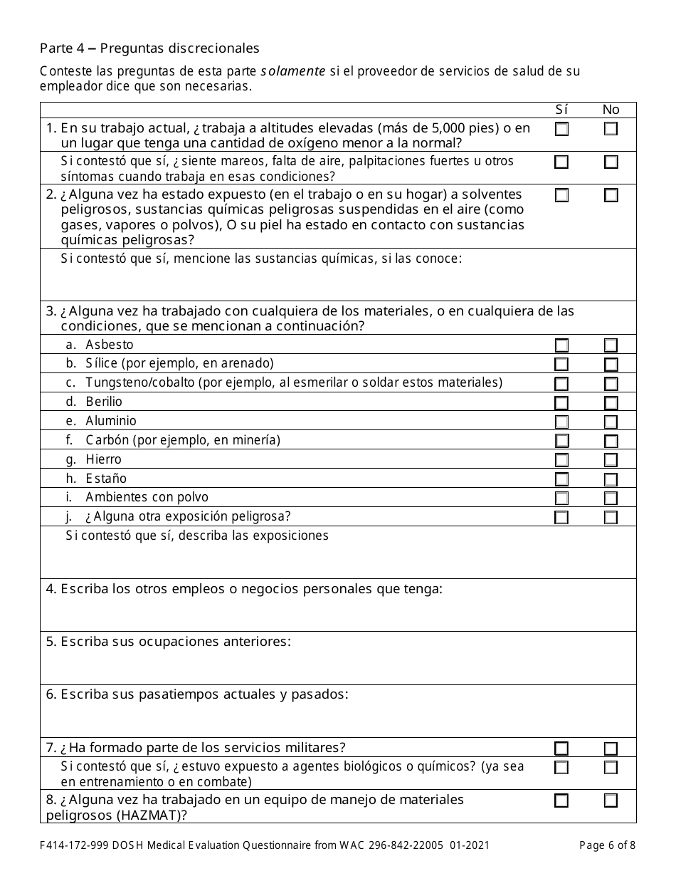Formulario F414-172-999 Evaluacion Medica De Dosh Cuestionario De Wac 296-842-22005 - Washington (Spanish), Page 6