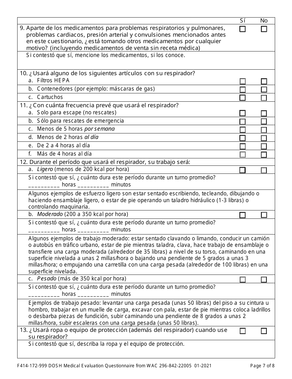 Formulario F414-172-999 Evaluacion Medica De Dosh Cuestionario De Wac 296-842-22005 - Washington (Spanish), Page 7