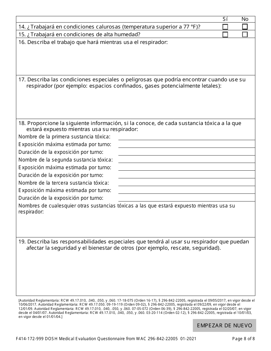 Formulario F414-172-999 Evaluacion Medica De Dosh Cuestionario De Wac 296-842-22005 - Washington (Spanish), Page 8