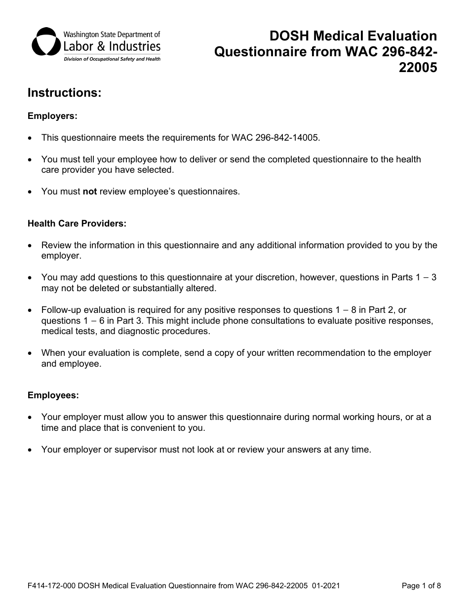 Form F414-172-000 Dosh Medical Evaluation Questionnaire From Wac 296-842-22005 - Washington, Page 1