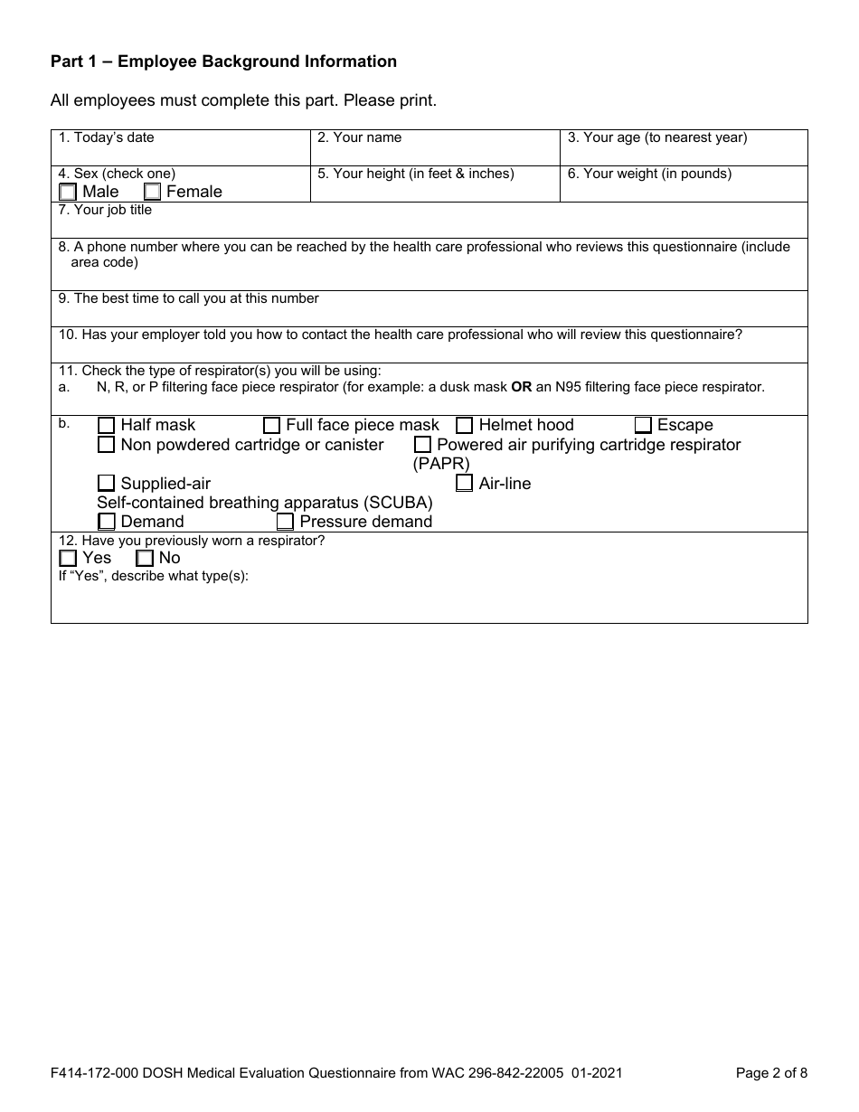 Form F414-172-000 Dosh Medical Evaluation Questionnaire From Wac 296-842-22005 - Washington, Page 2