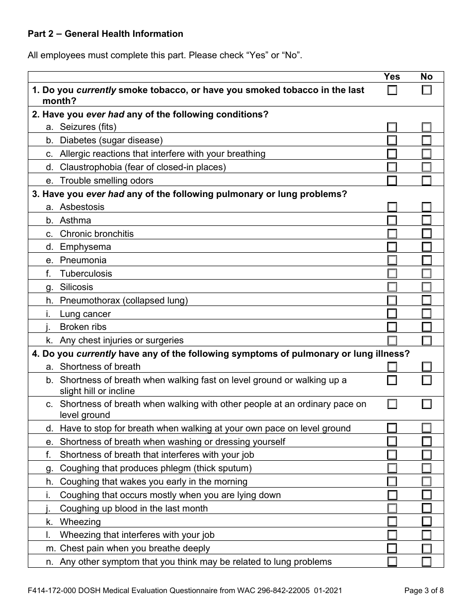 Form F414-172-000 Dosh Medical Evaluation Questionnaire From Wac 296-842-22005 - Washington, Page 3