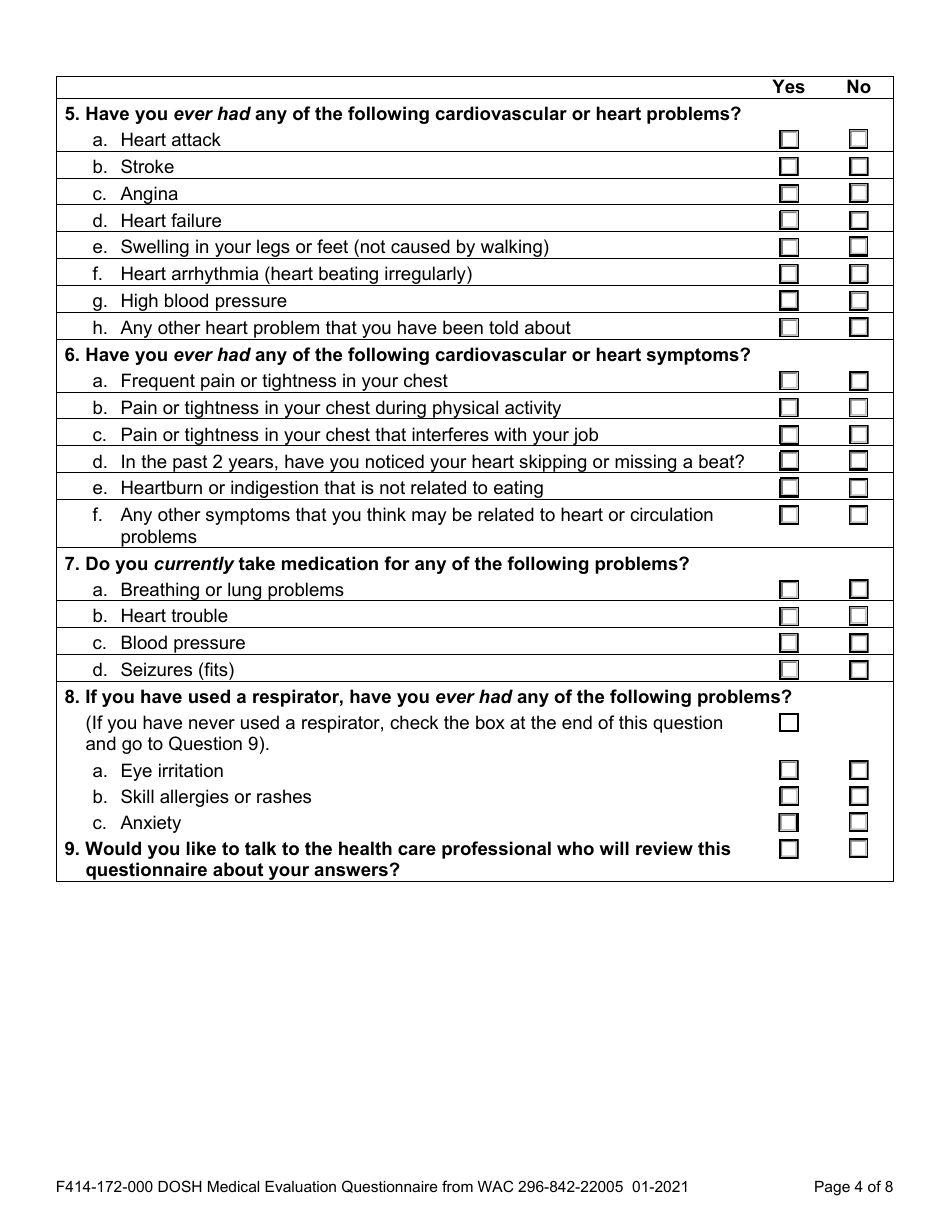 Form F414-172-000 Dosh Medical Evaluation Questionnaire From Wac 296-842-22005 - Washington, Page 4