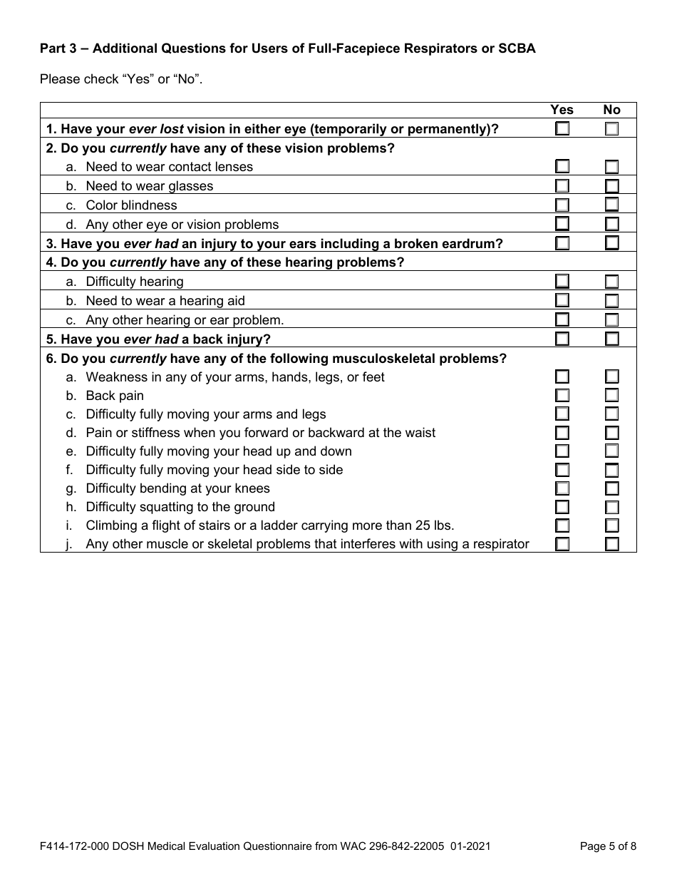 Form F414-172-000 Dosh Medical Evaluation Questionnaire From Wac 296-842-22005 - Washington, Page 5