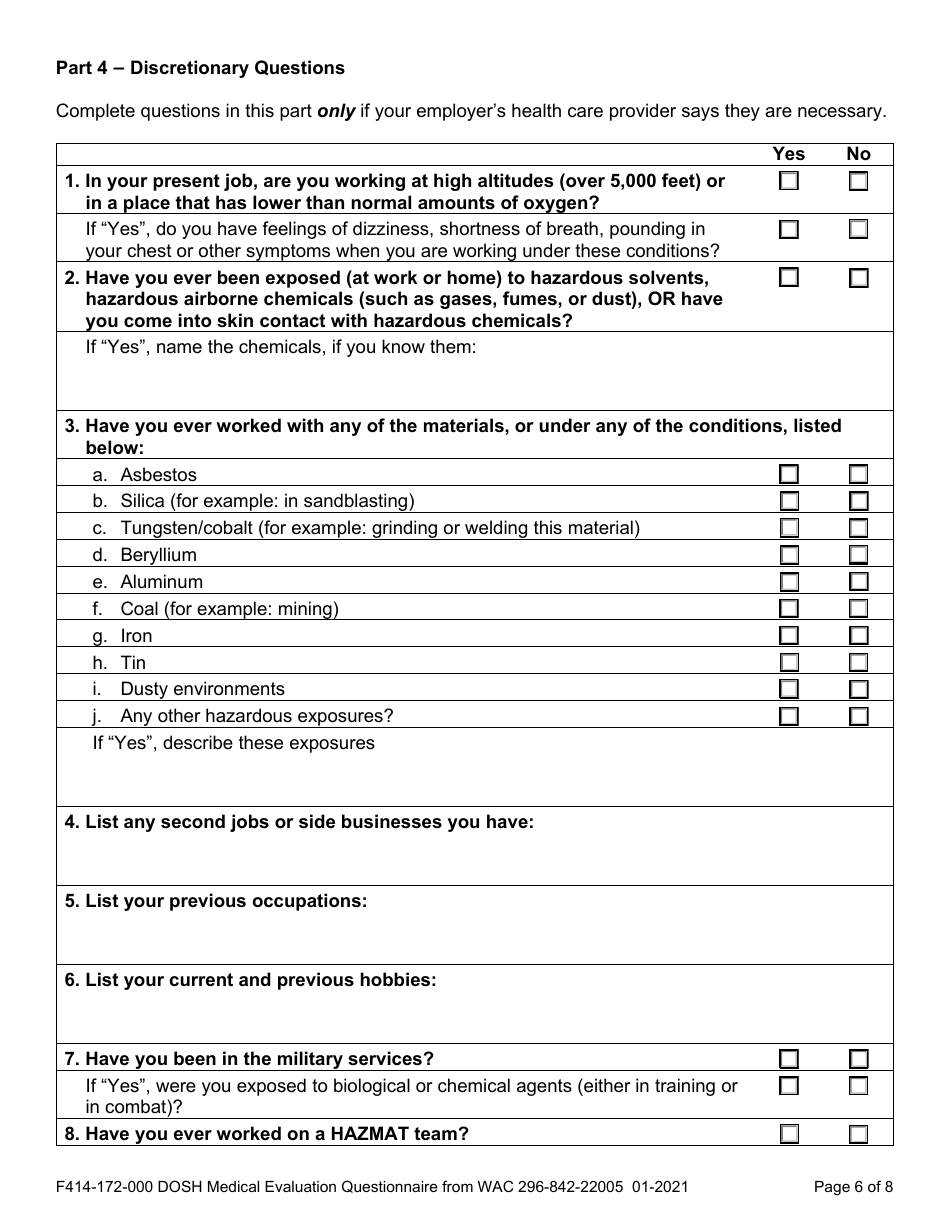 Form F414-172-000 Dosh Medical Evaluation Questionnaire From Wac 296-842-22005 - Washington, Page 6