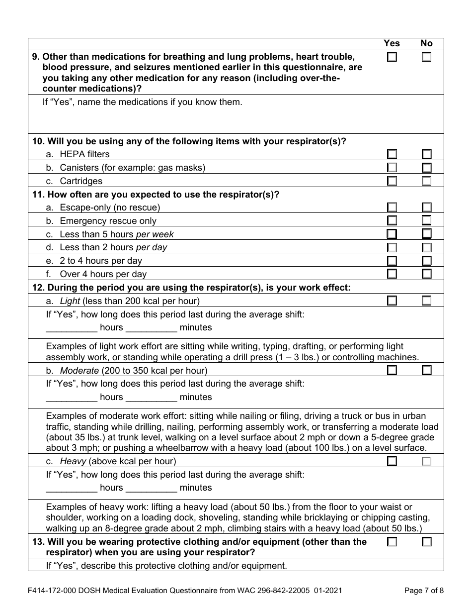 Form F414-172-000 Dosh Medical Evaluation Questionnaire From Wac 296-842-22005 - Washington, Page 7