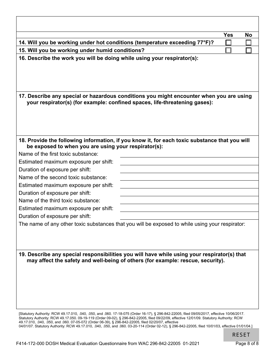 Form F414-172-000 Dosh Medical Evaluation Questionnaire From Wac 296-842-22005 - Washington, Page 8