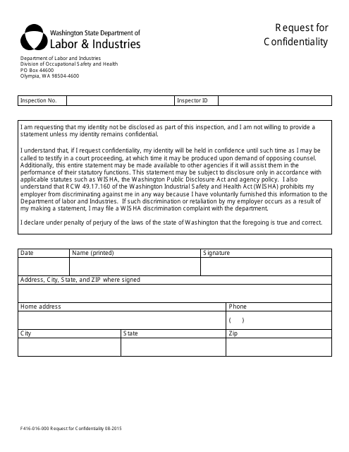 Form F416-016-000 Request for Confidentiality - Washington