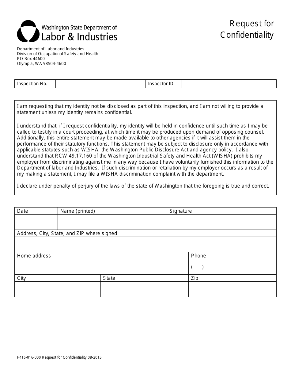 Form F416-016-000 Request for Confidentiality - Washington, Page 1