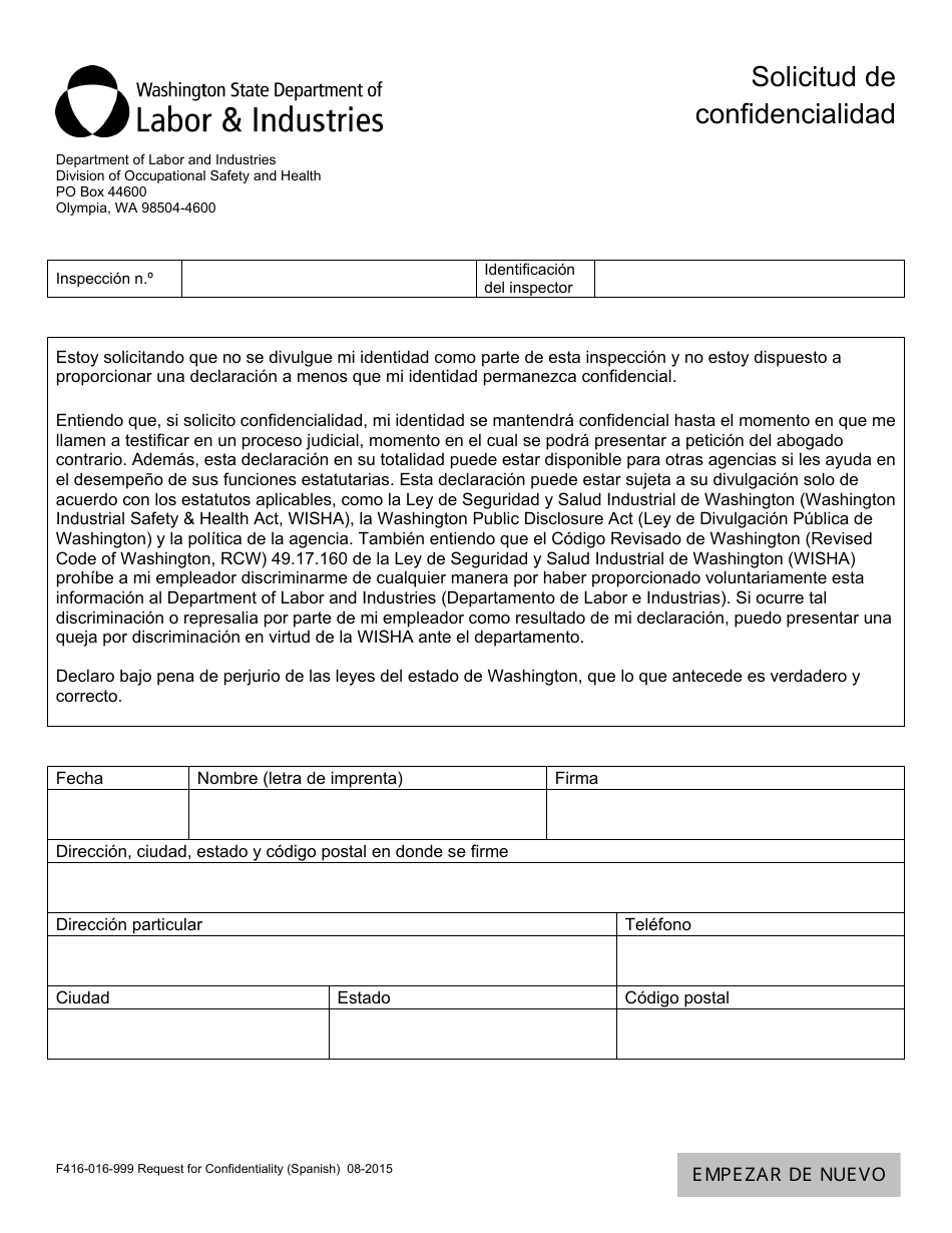 Formulario F416-016-999 Solicitud De Confidencialidad - Washington (Spanish), Page 1
