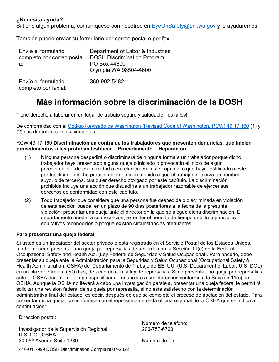 Formulario F416-011-999 Queja Por Discriminacion De La Dosh - Washington (Spanish), Page 3