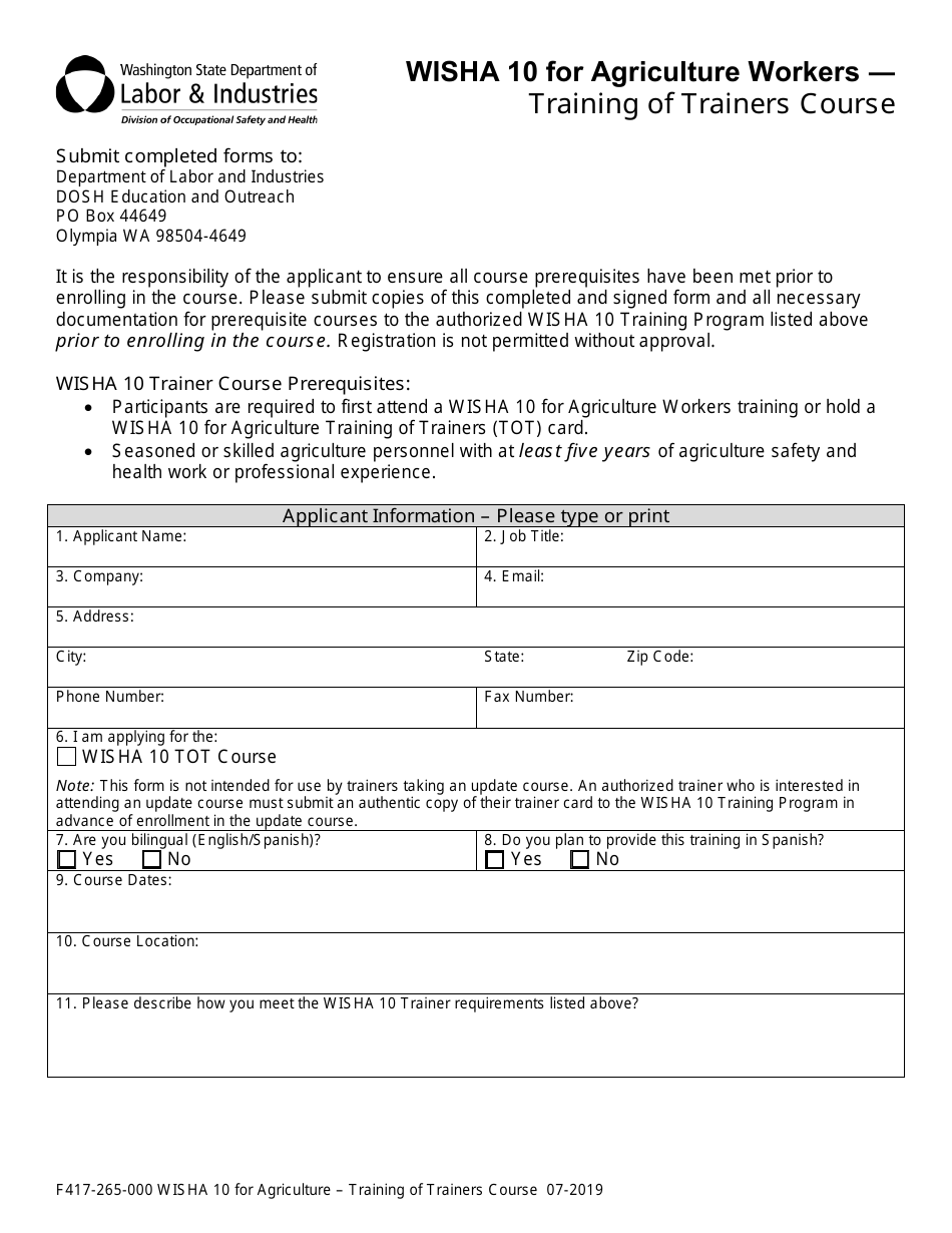 Form F417-265-000 Wisha 10 for Agriculture Workers - Training of Trainers Course - Washington, Page 1