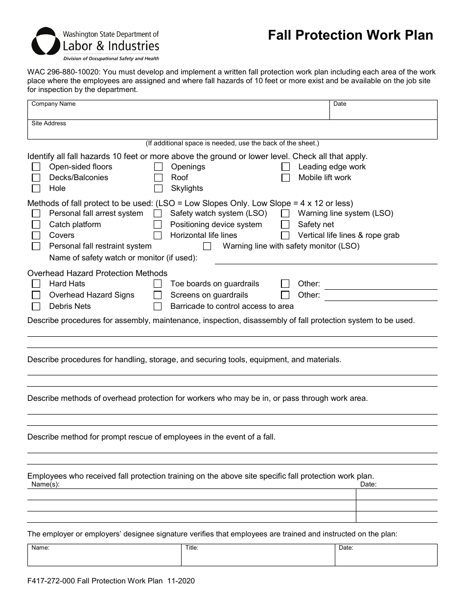 Form F417-272-000 Fall Protection Work Plan - Washington, Page 1