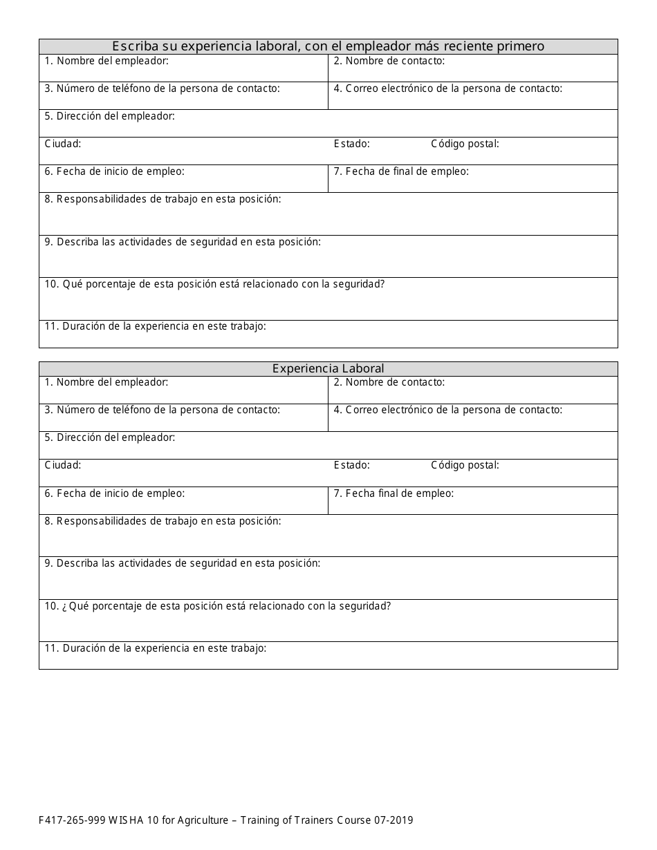 Formulario F417-265-999 Wisha 10 Para La Agricultura - Capacitando Al Instructor - Washington (Spanish), Page 2