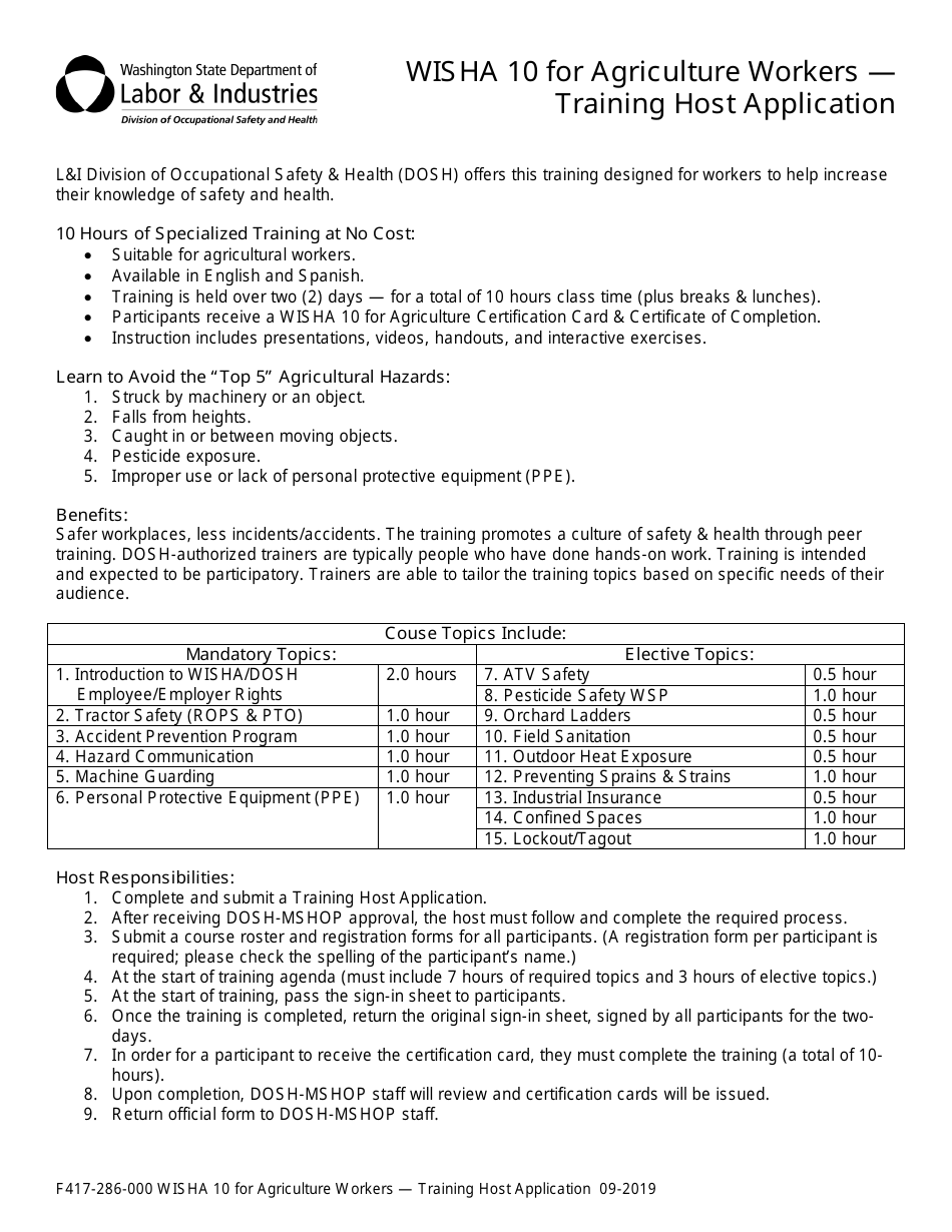 Form F417-286-000 Wisha 10 for Agriculture Workers - Training Host Application - Washington, Page 1