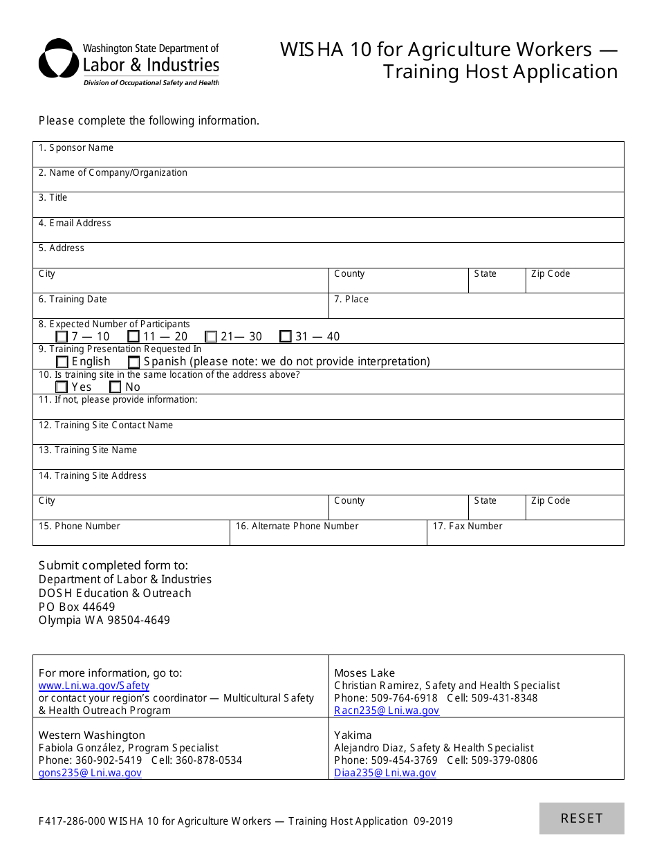 Form F417-286-000 Wisha 10 for Agriculture Workers - Training Host Application - Washington, Page 2