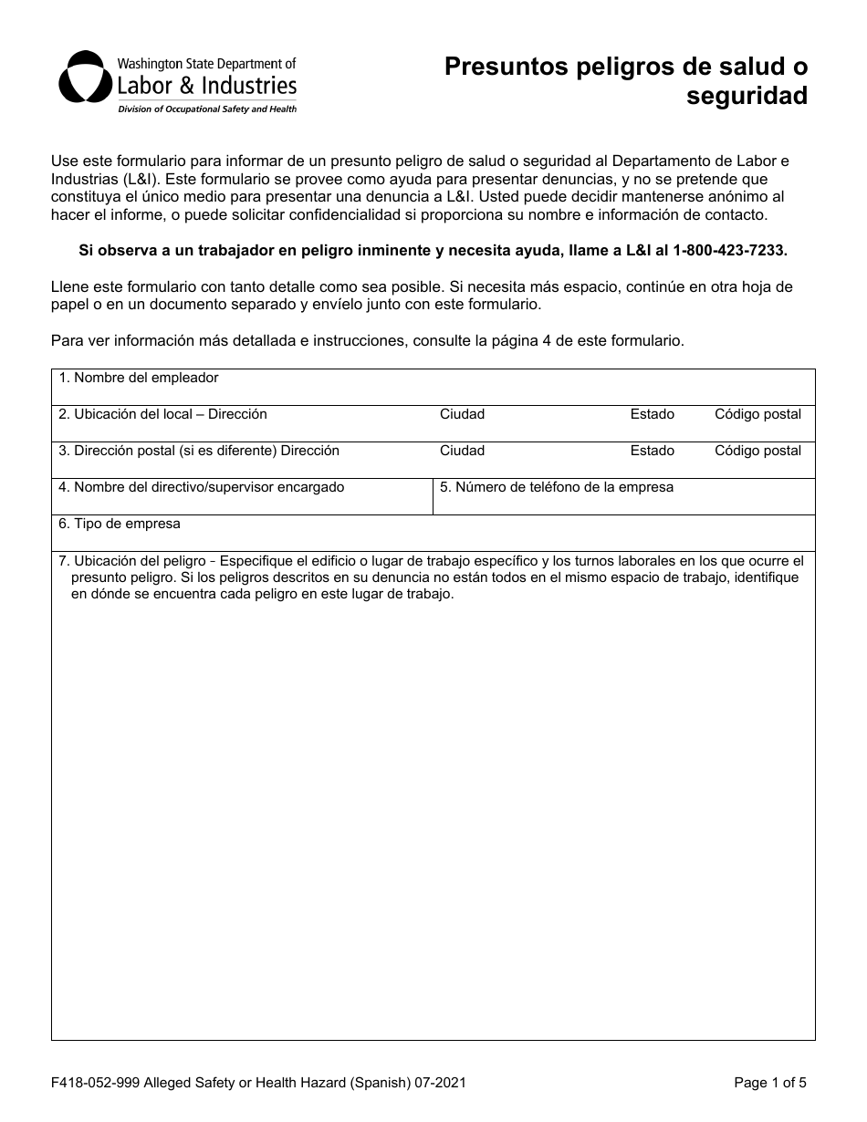 Formulario F418-052-999 Presuntos Peligros De Salud O Seguridad - Washington (Spanish), Page 1