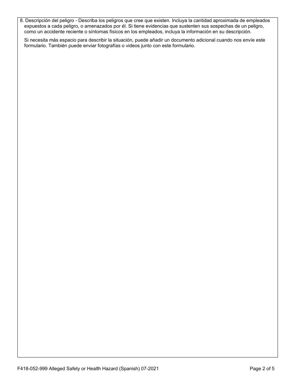 Formulario F418-052-999 Presuntos Peligros De Salud O Seguridad - Washington (Spanish), Page 2