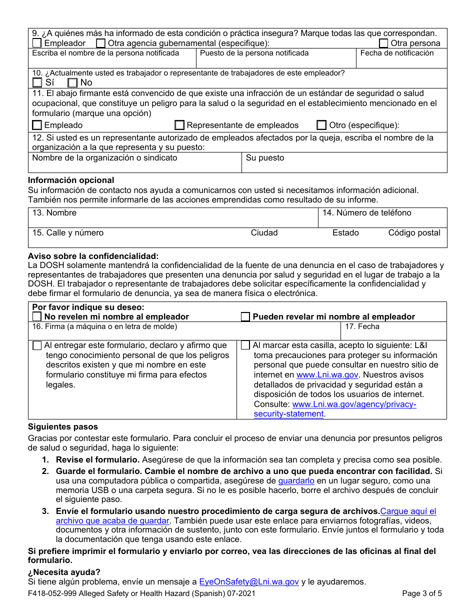 Formulario F418-052-999 Presuntos Peligros De Salud O Seguridad - Washington (Spanish), Page 3