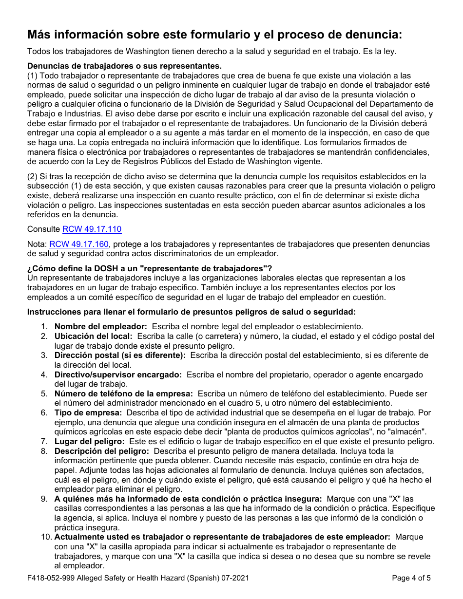 Formulario F418-052-999 Presuntos Peligros De Salud O Seguridad - Washington (Spanish), Page 4