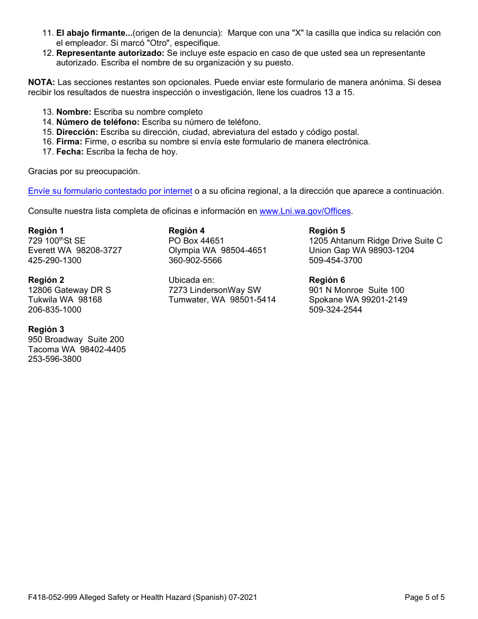 Formulario F418-052-999 Presuntos Peligros De Salud O Seguridad - Washington (Spanish), Page 5